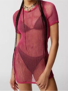 Urban Renewal Fuchsia Open-Knit Short Sleeve Swim Coverup